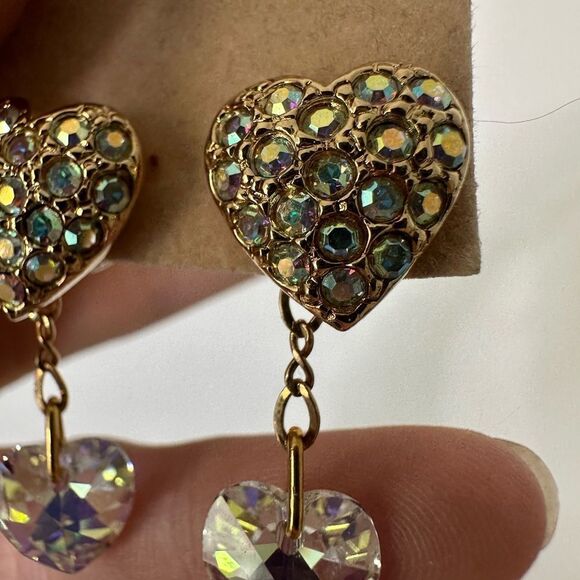 Vintage Whimsical Heart AB Crystal Dangle Earrings - Picture 2 of 4